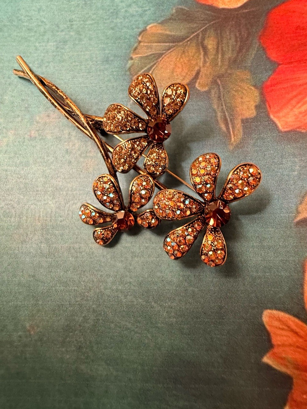Crystal Flower Spray Brooch - Gold-Tone with Amber Crystals